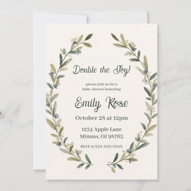 Invitation Botanical Twin Baby Shower Olive Branch Boho Green (Devant)