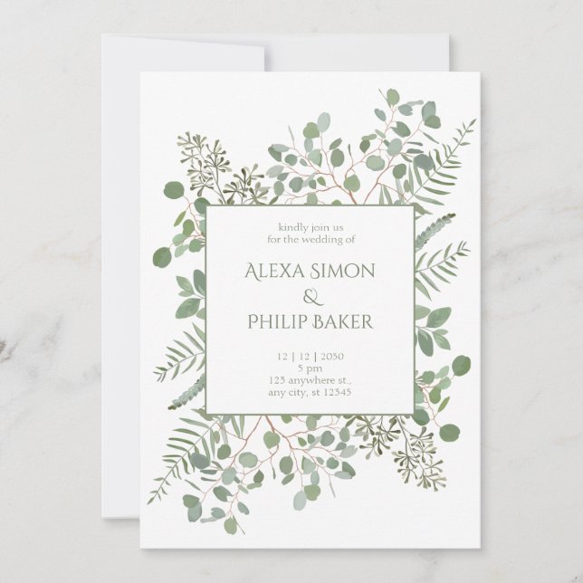 Invitation Botanique avec branches vertes mariage (Devant)