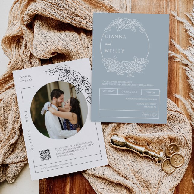 Invitation Botanique bleu Dusty Line Art Boho QR Code Photo (Créateur téléchargé)