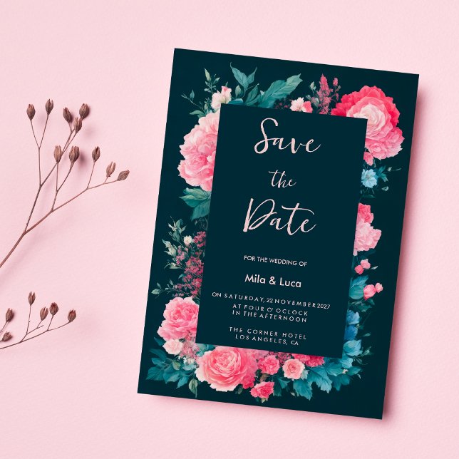 Invitation Botanique bleu nordique vert rose flora Enregistre (Botanic nordic blue green pink flora Save the Date)