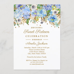 Invitation Botanique Bleu Or Sweet sixteen Floral Anniversair