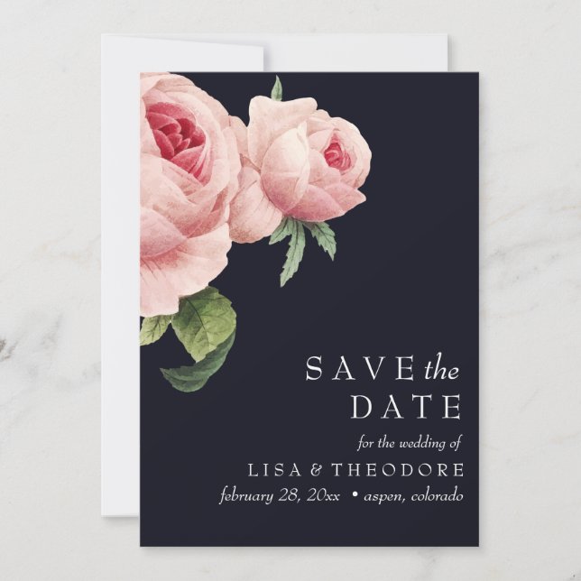Invitation Botanique | Bleu rose Vintage SAUVER LA DATE (Devant)