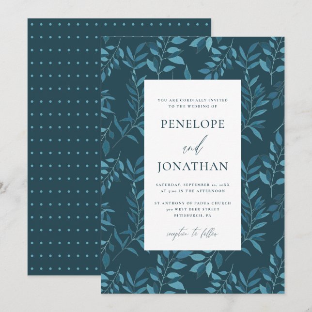 Invitation Botanique bleu rustique avec Mariage à points (Devant / Derrière)