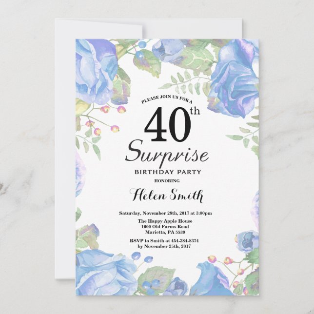 Invitation Botanique Blue Floral Surprise 40e anniversaire (Devant)