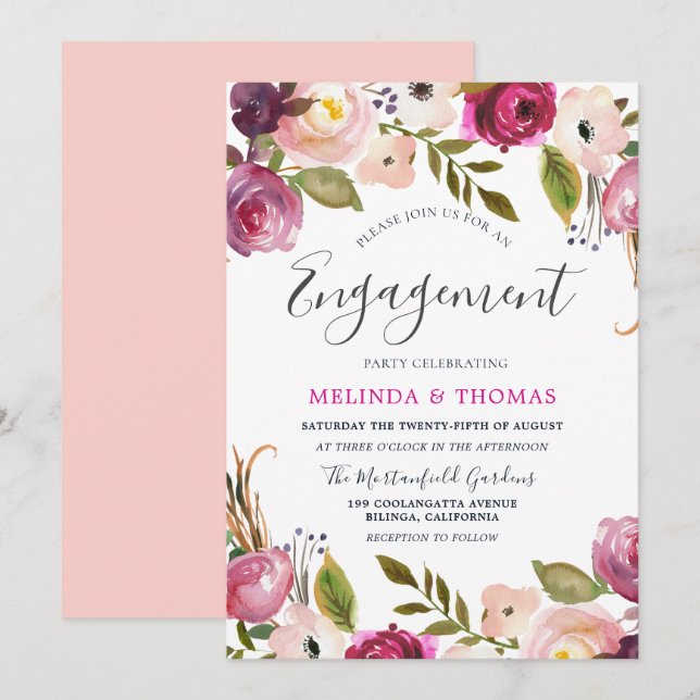 Invitation Botanique Blush Floral Elegant Engagement Party (Devant / Derrière)