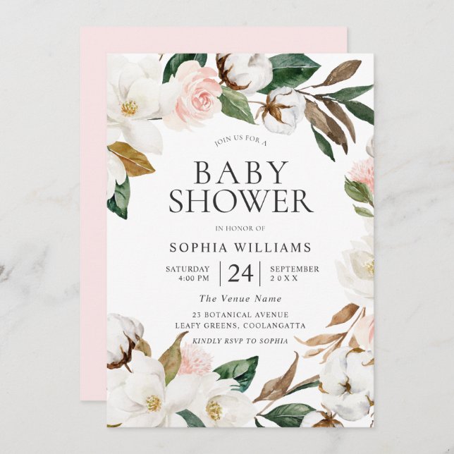 Invitation Botanique Blush White Floral Baby shower de couron (Devant / Derrière)