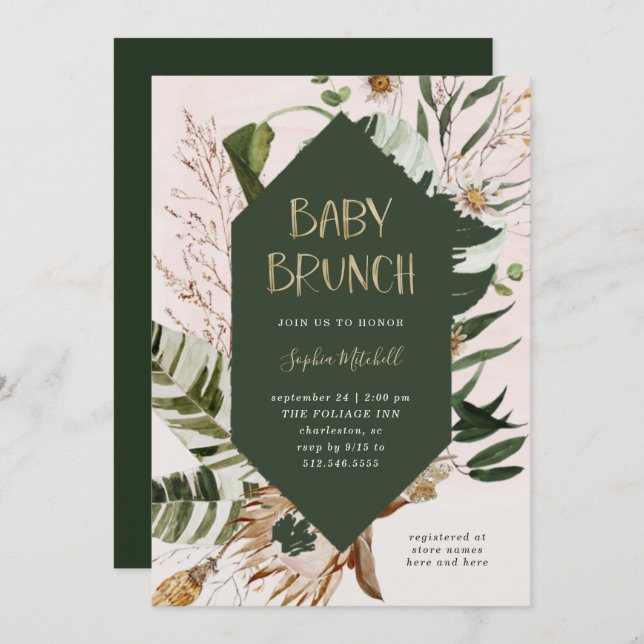 Invitation Botanique bohème et Grass Pampas | Brunch pour béb (Devant / Derrière)