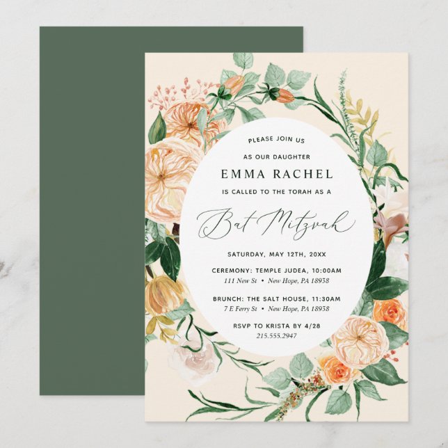 Invitation Botanique Boho Bat mitzvah de pêche personnalisé (Devant / Derrière)
