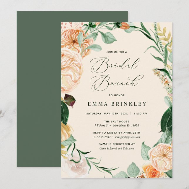 Invitation Botanique Boho Floral Neutral Peach Bridal Brunch (Devant / Derrière)