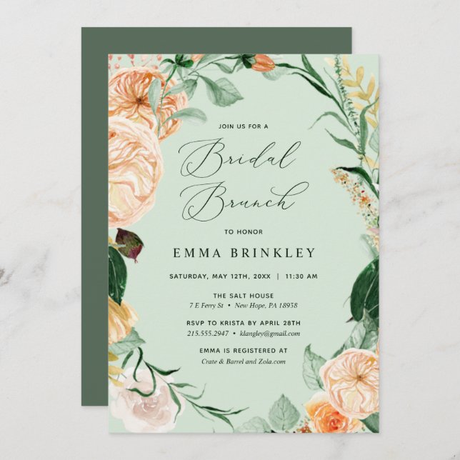 Invitation Botanique Boho Floral Sage Green Bridal Brunch (Devant / Derrière)