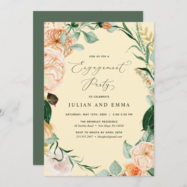 Invitation Botanique Boho Pastel Yellow Engagement Party (Devant / Derrière)