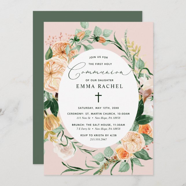 Invitation Botanique Boho Personnalisé Blush Pink Communion (Devant / Derrière)
