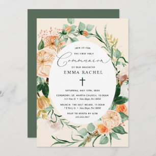 Invitation Botanique Boho personnalisée Pêche communion fille