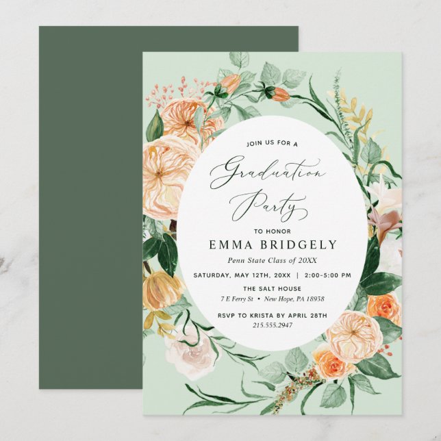 Invitation Botanique Boho Sage Green Graduation Party (Devant / Derrière)