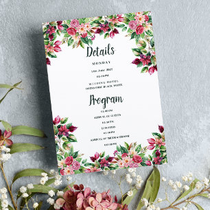 Invitation Botanique bordeaux rose vert floral Détails Progra