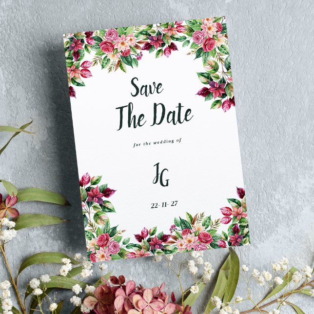 Invitation Botanique bordeaux rose vert floral Enregistrer la (Botanic burgundy pink green floral Save The Date)