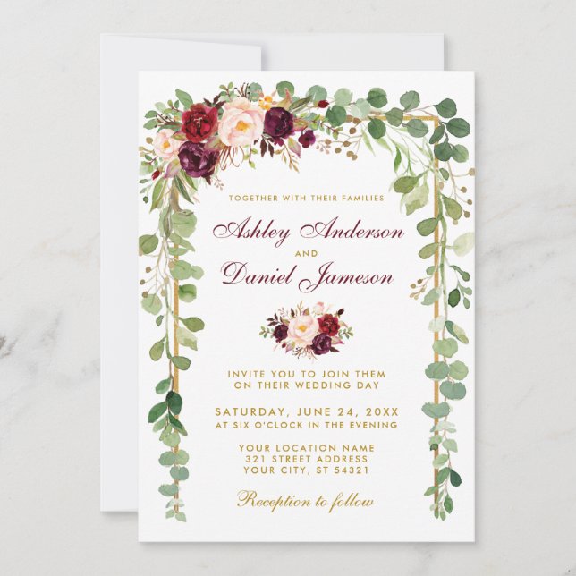 Invitation Botanique Bourgogne Floral Gold Frame Mariage (Devant)