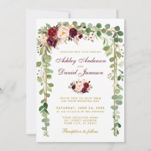Invitation Botanique Bourgogne Floral Gold Frame Mariage