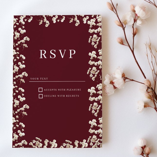 Invitation Botanique Bourgogne ivoire gypsophila florale RSVP (Botanical Burgundy ivory gypsophila floral RSVP)