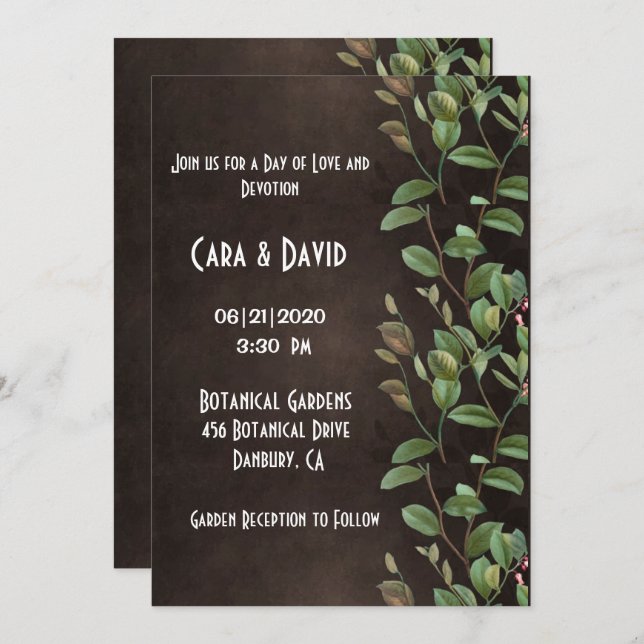 Invitation Botanique Brown verdure Florale Elégant Mariage (Devant / Derrière)
