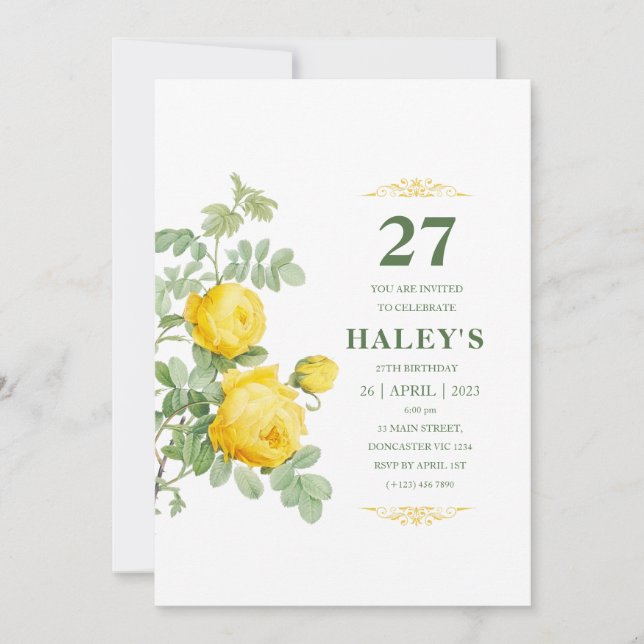 Invitation Botanique Chic Fleurs Jaunes et Vertes 27e Anniver (Devant)