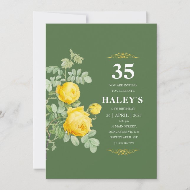 Invitation Botanique Chic Fleurs Jaunes et Vertes 35e Anniver (Devant)