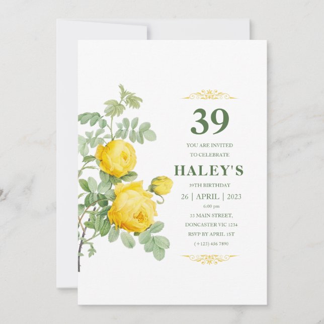 Invitation Botanique Chic Fleurs Jaunes et Vertes 39e Anniver (Devant)