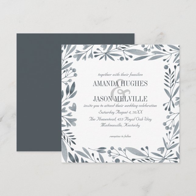 Invitation Botanique d'argent | Mariage floral | Carré | (Devant / Derrière)