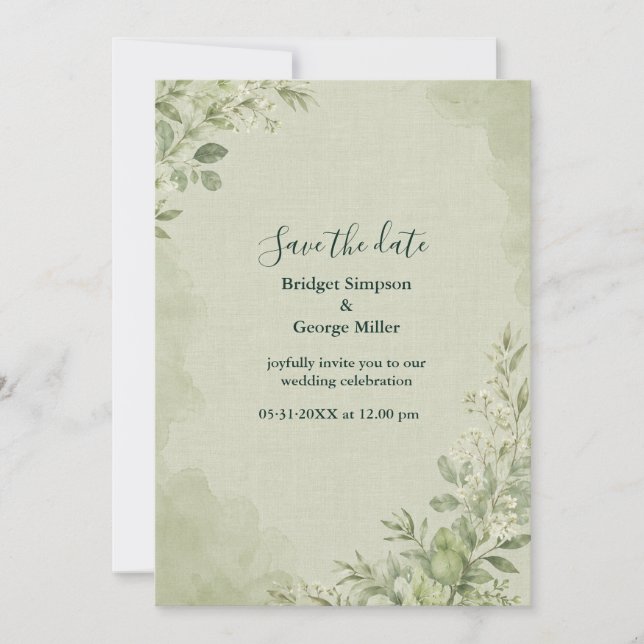 Invitation Botanique de mariage en lin sauge rustique (Devant)