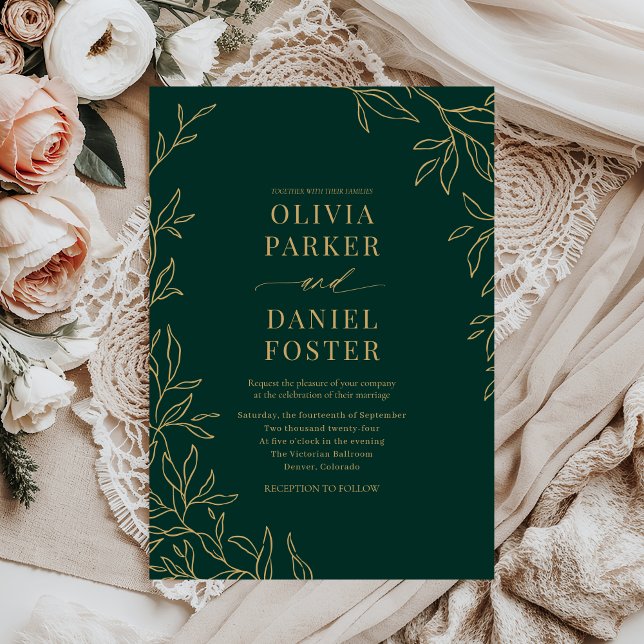 Invitation Botanique Emerald Green Gold Mariage élégant (Créateur téléchargé)