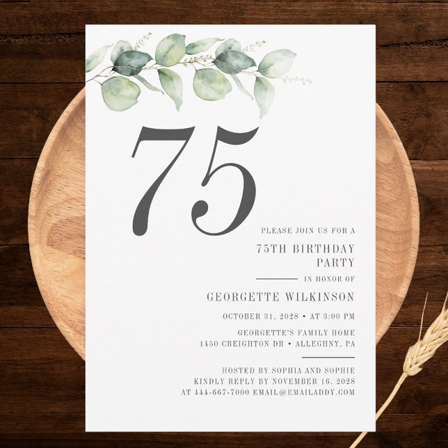 Invitation Botanique Eucalyptus Vert 75e anniversaire (Modern Eucalyptus Minimalist 75th Birthday Party Invitation)