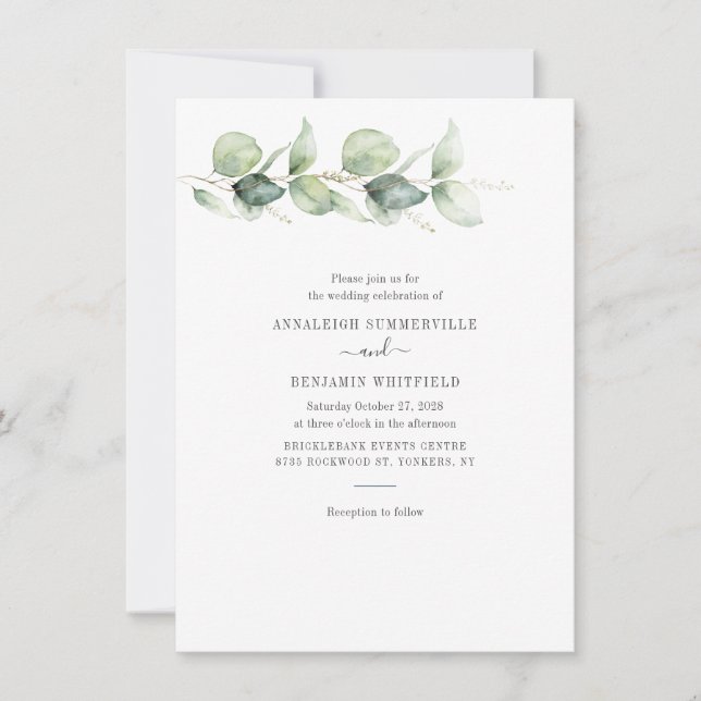 Invitation Botanique Eucalyptus Vert Mariage rustique (Devant)