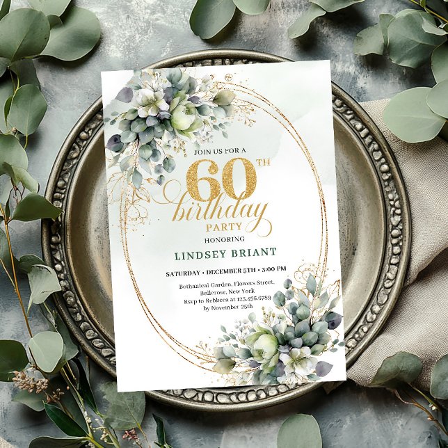 Invitation botanique feuille Dusty Green pour 60e  (Dusty Green 60th Birthday Botanical Leaf Invite

)