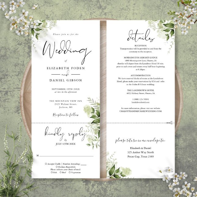Invitation Botanique Feuilles de verdure tous en un Mariage (Botanical Greenery Leaves All In One Wedding Invitation)