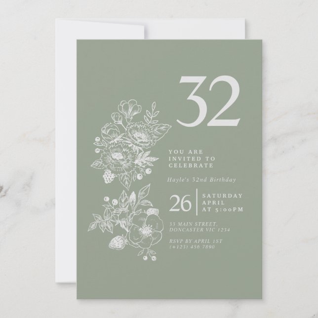 Invitation Botanique Fleur Sauvage Vert Sauge 32e Anniversair (Devant)