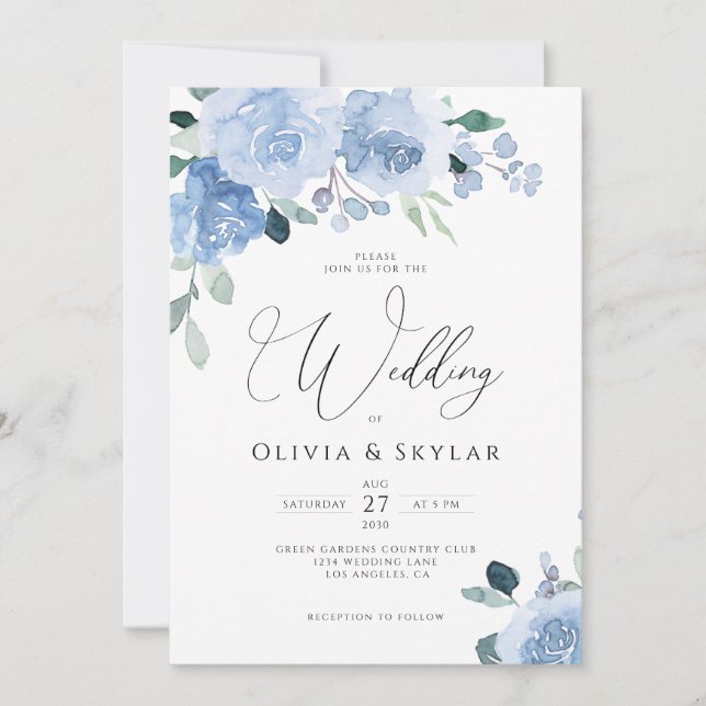 Invitation Botanique Floral Dusty Bleu Tout en un Mariage (Devant)