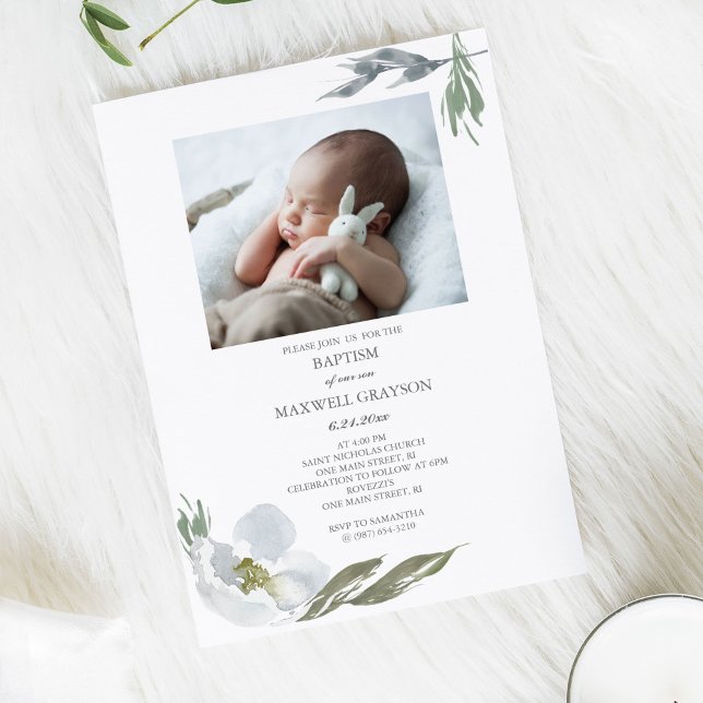 Invitation Botanique Floral Greenery Boy Baptism Photo (Créateur téléchargé)