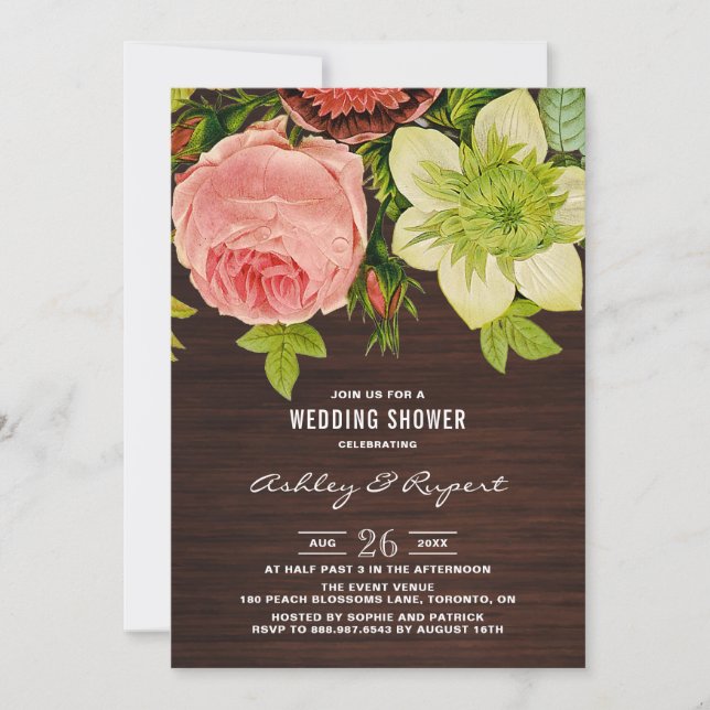 Invitation Botanique Floral Rustique Bois Wedding shower (Devant)