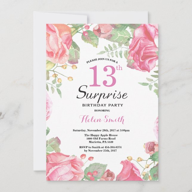 Invitation Botanique Floral Surprise 13e anniversaire Invitat (Devant)