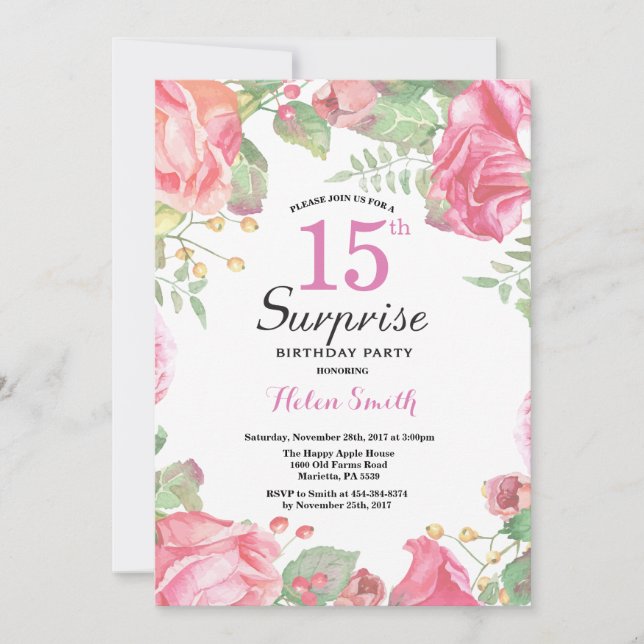 Invitation Botanique Floral Surprise 15e anniversaire Invitat (Devant)