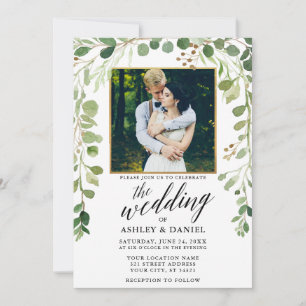 Invitation Botanique Green Calligraphy Gold Frame Mariage