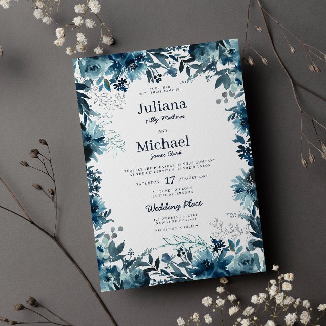 Invitation Botanique indigo aquarelle cadre fleuri Mariage (Botanic indigo watercolor floral frame Wedding Invitation)