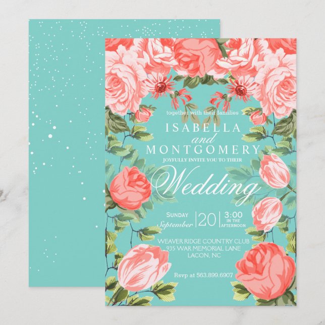 Invitation Botanique Joli Turquoise et Coral Floral Mariage (Devant / Derrière)