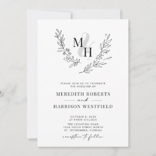 Invitation Botanique Laurel Wreath QR Code Monogramme Mariage