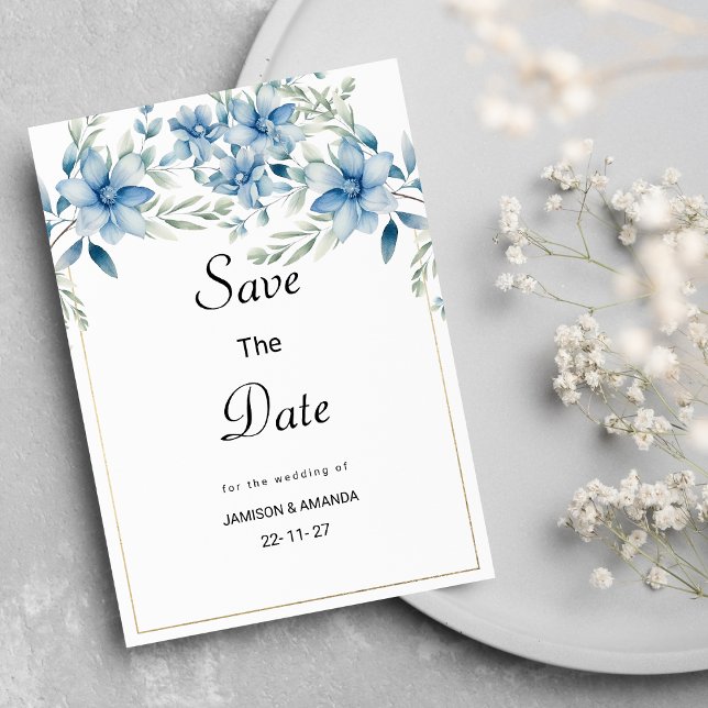 Invitation Botanique marine bleu menthe floral Enregistrer la (Botanical navy blue mint floral Save The Date)
