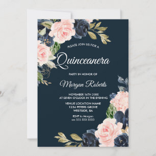 Invitation Botanique Marine & Blush Floral Quinceanera Party