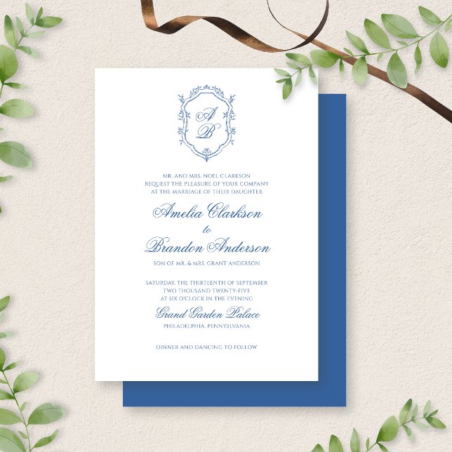 Invitation Botanique Mer Bleu Monogramme Crest & Script Maria (Créateur téléchargé)