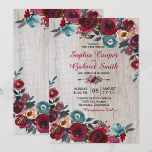 Invitation Botanique moderne Bourgogne Marine Floral Mariage
