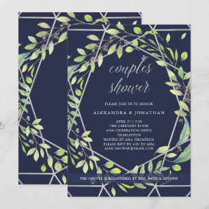 Invitation Botanique moderne   Douche Couples Argent et Bleu