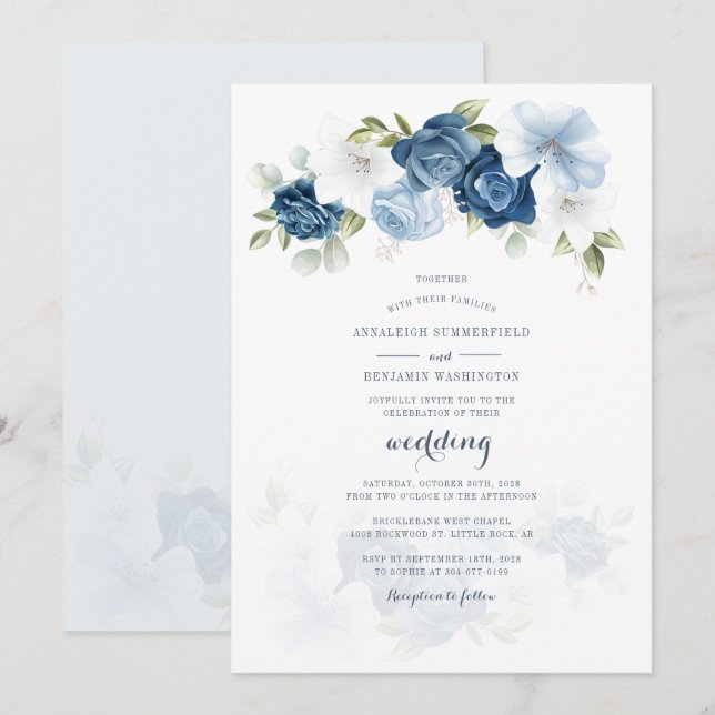 Invitation Botanique moderne Dusty Blue Floral Script Mariage (Devant / Derrière)